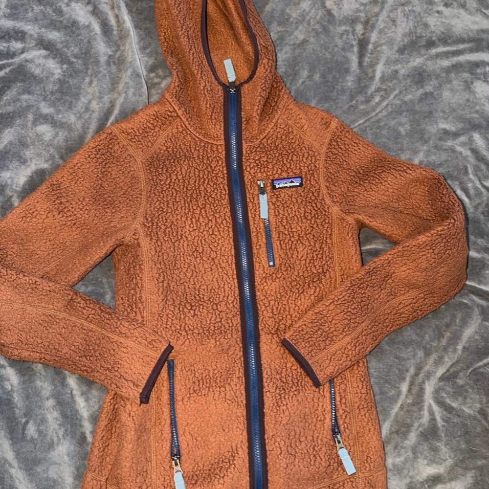 Patagonia Womens XS Retro Pile Deep Fleece Brown Pink Hooded Zip Sweater Jacket
